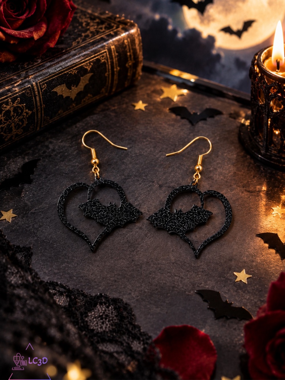 Black Heart Bat Dangle Earrings - Unbranded